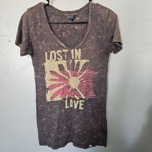 Roxy Women's XS Brown Acid Wash 'Lost in Love' Graphic Tee Short Sleeve T-shirt